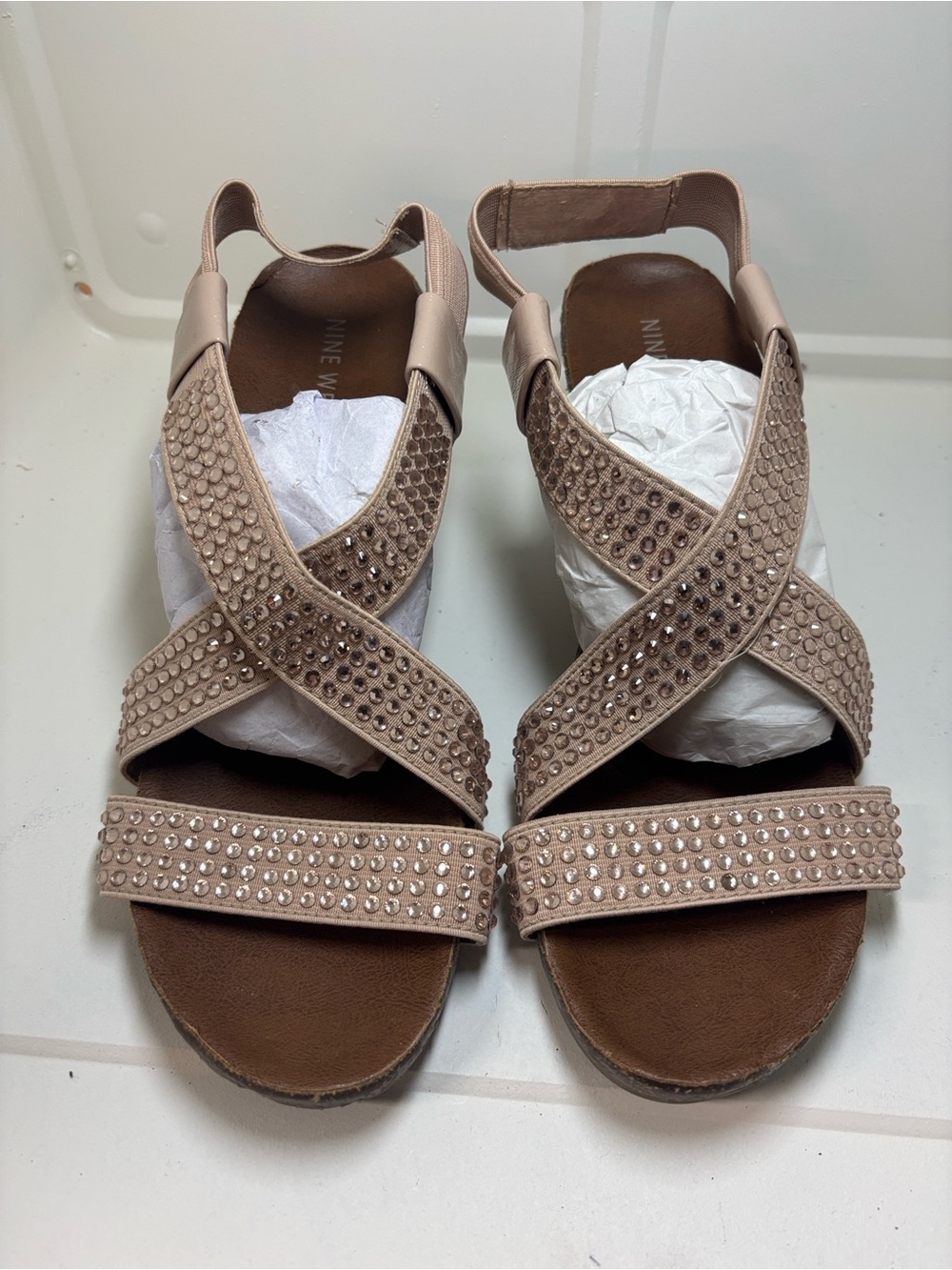 Nine West Blush Pink Crystal-Studded Wedge Sandals